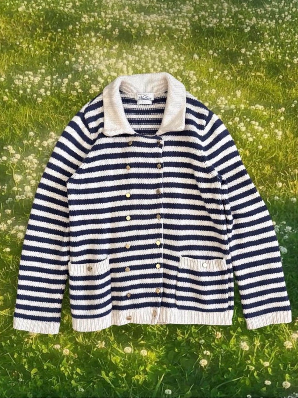 Lambswool Cotton Navy Ivory Stripe Knit Blazer Cardigan Gold Buttons Wallace